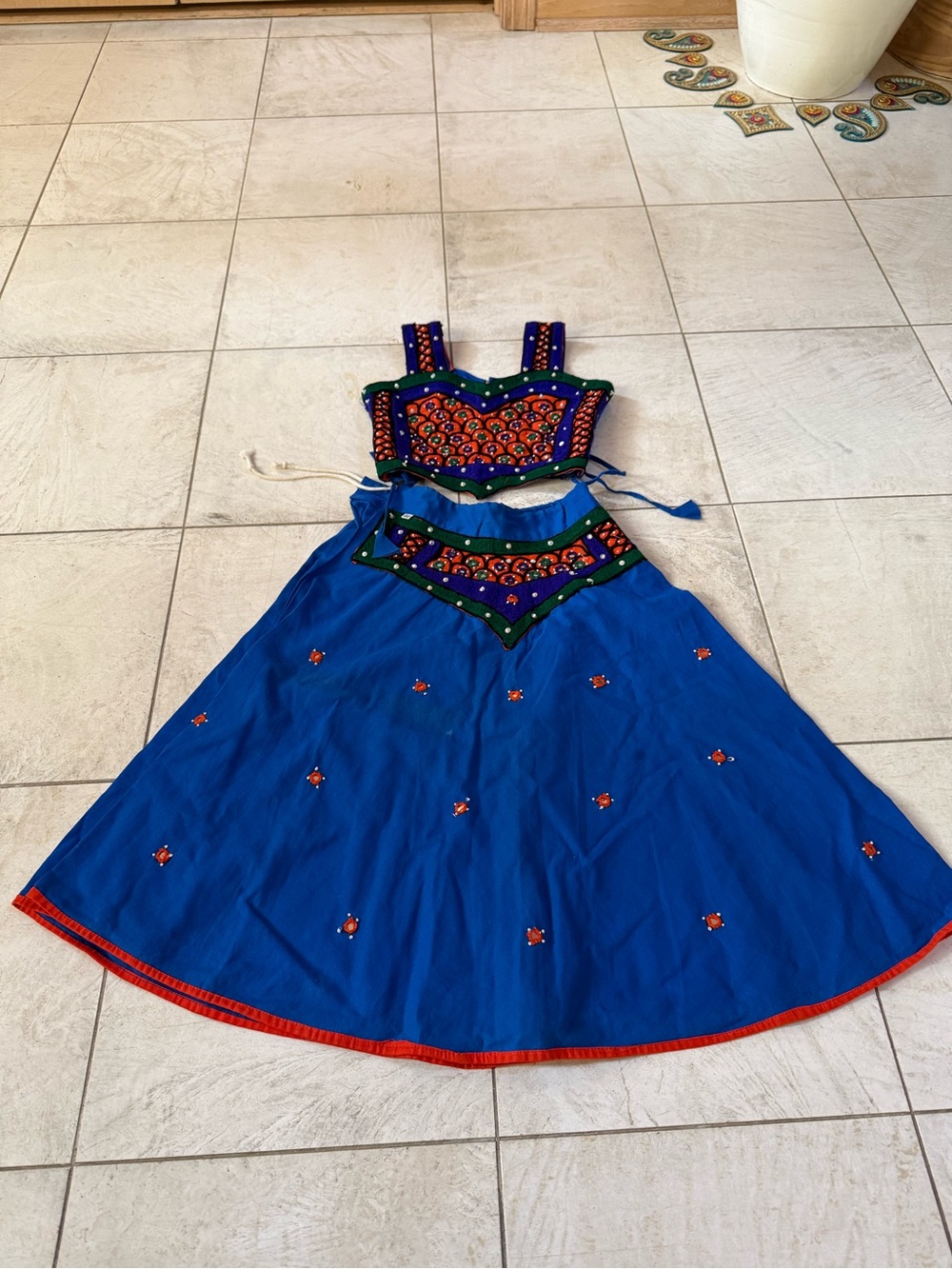 Vintage Kids Blue Lehenga Set | Mirror Work | Size 22 | Cotton Ethnic Outfit